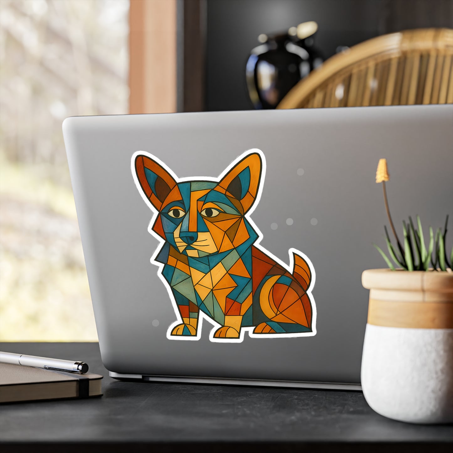 Geometric Corgi Kiss-Cut Vinyl Sticker — Colorful Cubism Decal