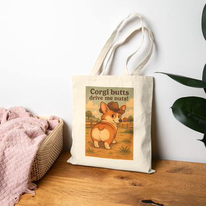 Tote Bag — "Corgi Butts Drive Me Nuts" Cute Retro Corgi Canvas Tote
