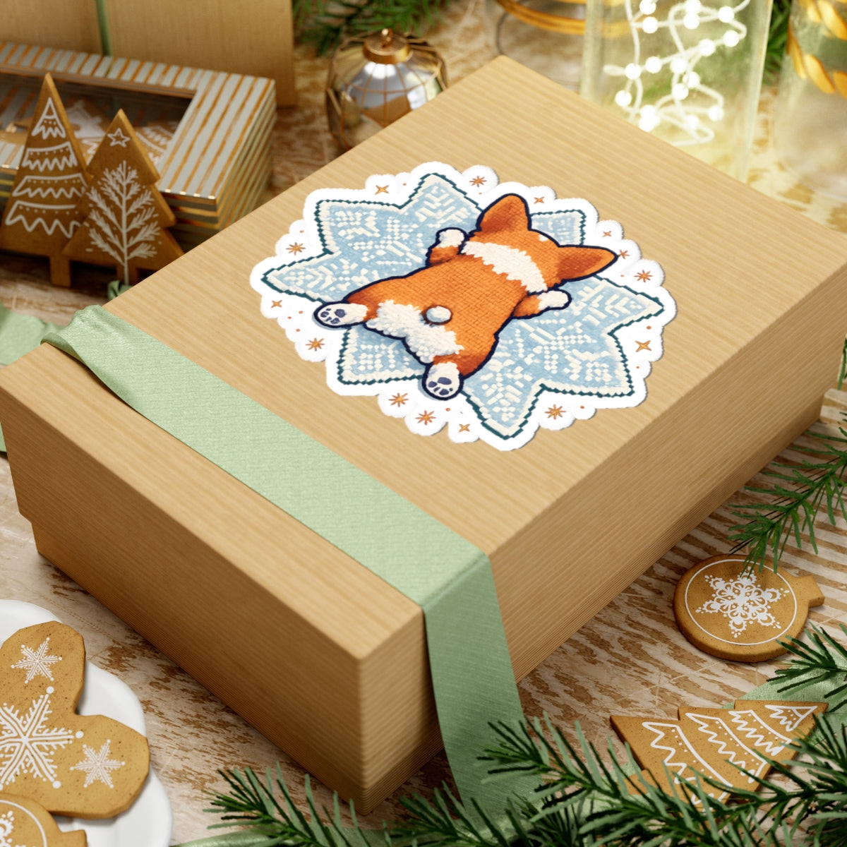Corgi Sploot on Snowflake Kiss-Cut Sticker — Cute Winter Laptop Decal