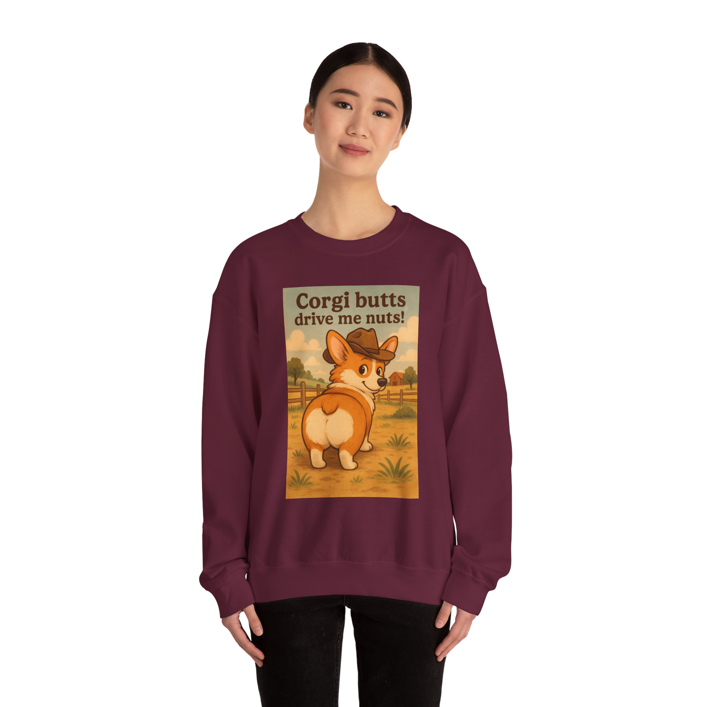 Crewneck Sweatshirt — "Corgi Butts Drive Me Nuts" Cute Retro Corgi Graphic