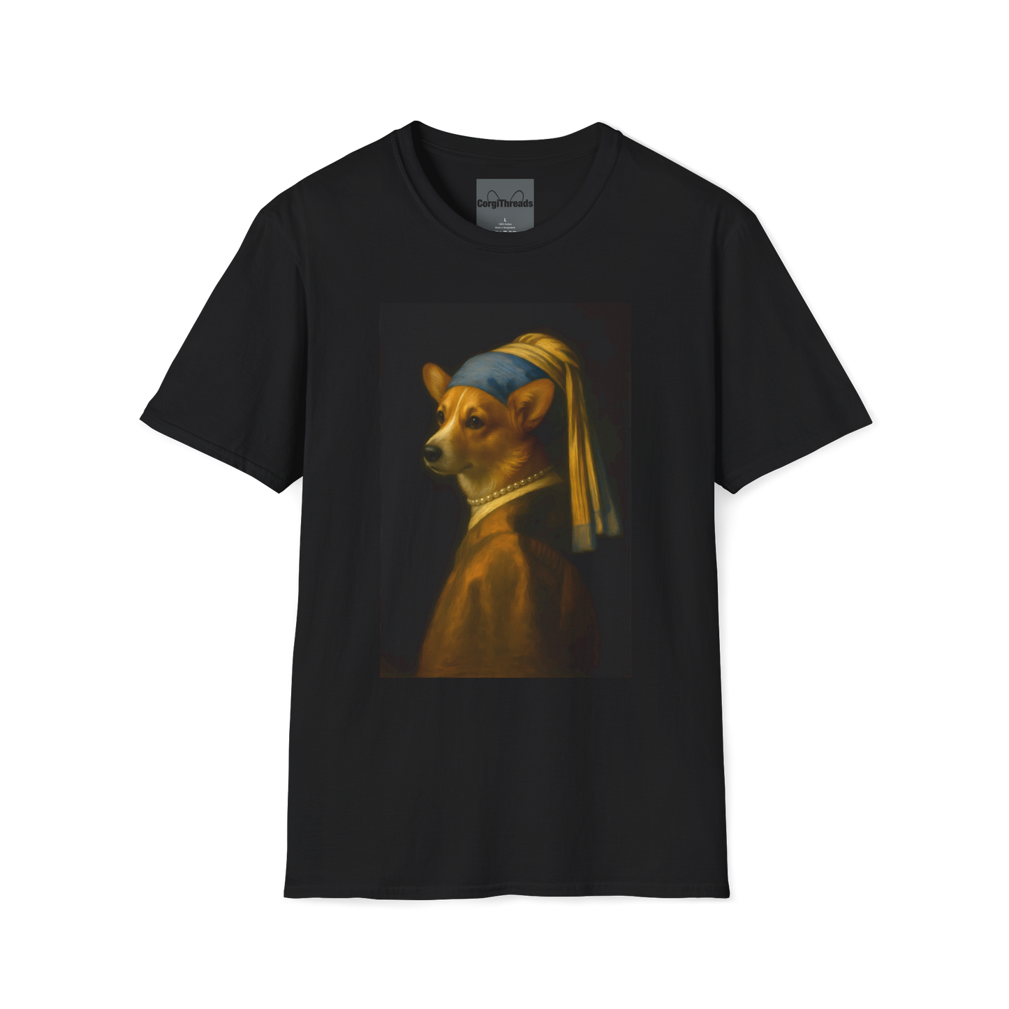 Girl with a Pearl Collar T-Shirt — Classical Portrait Corgi Art Tee