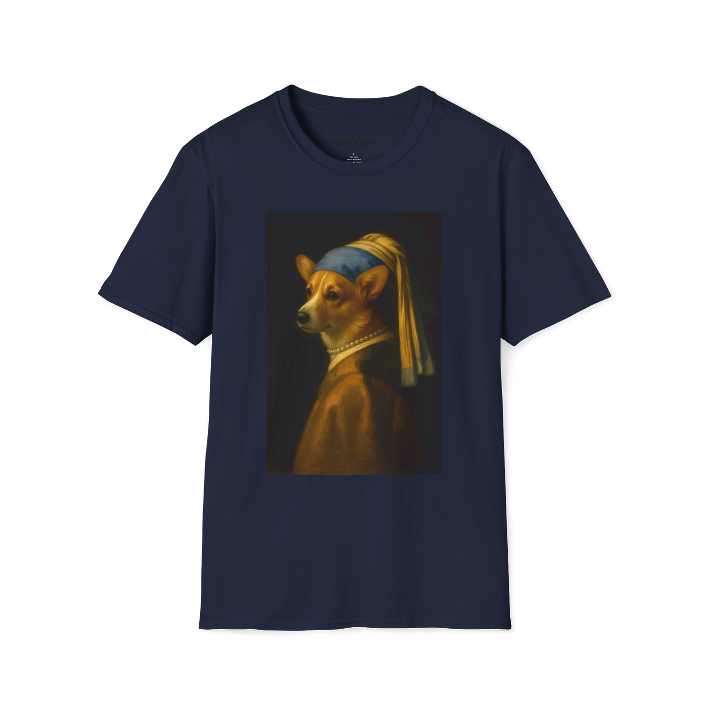 Girl with a Pearl Collar T-Shirt — Classical Portrait Corgi Art Tee