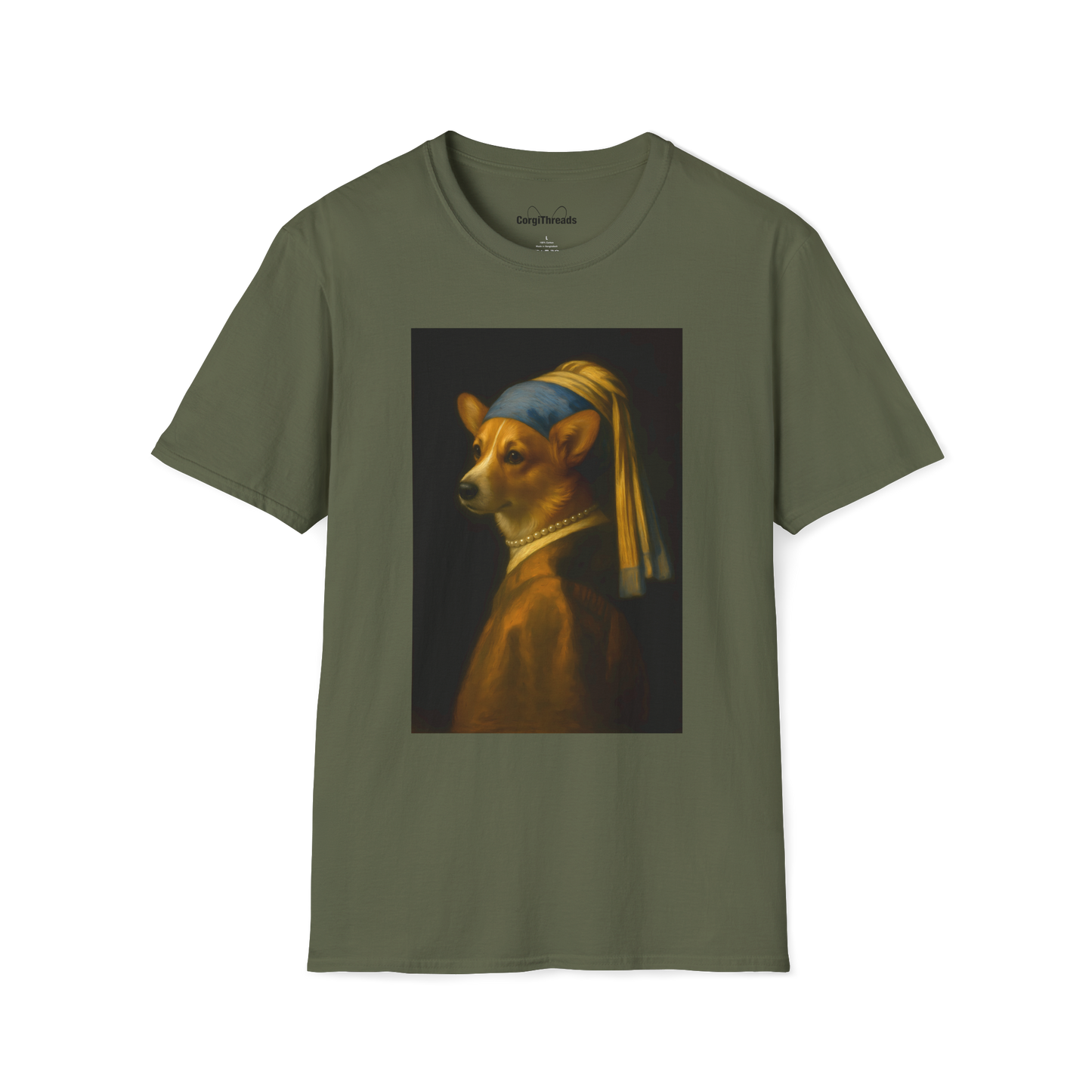 Girl with a Pearl Collar T-Shirt — Classical Portrait Corgi Art Tee