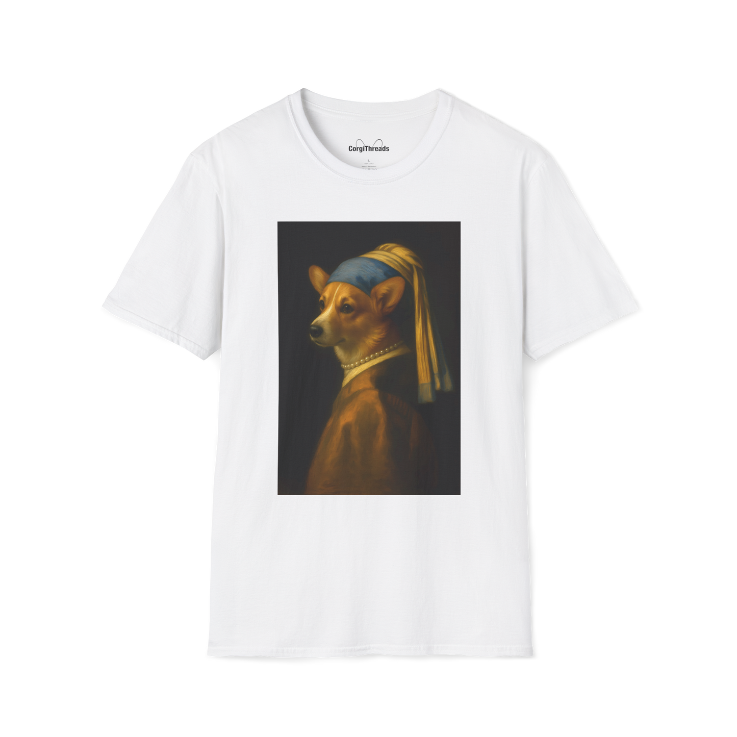 Girl with a Pearl Collar T-Shirt — Classical Portrait Corgi Art Tee