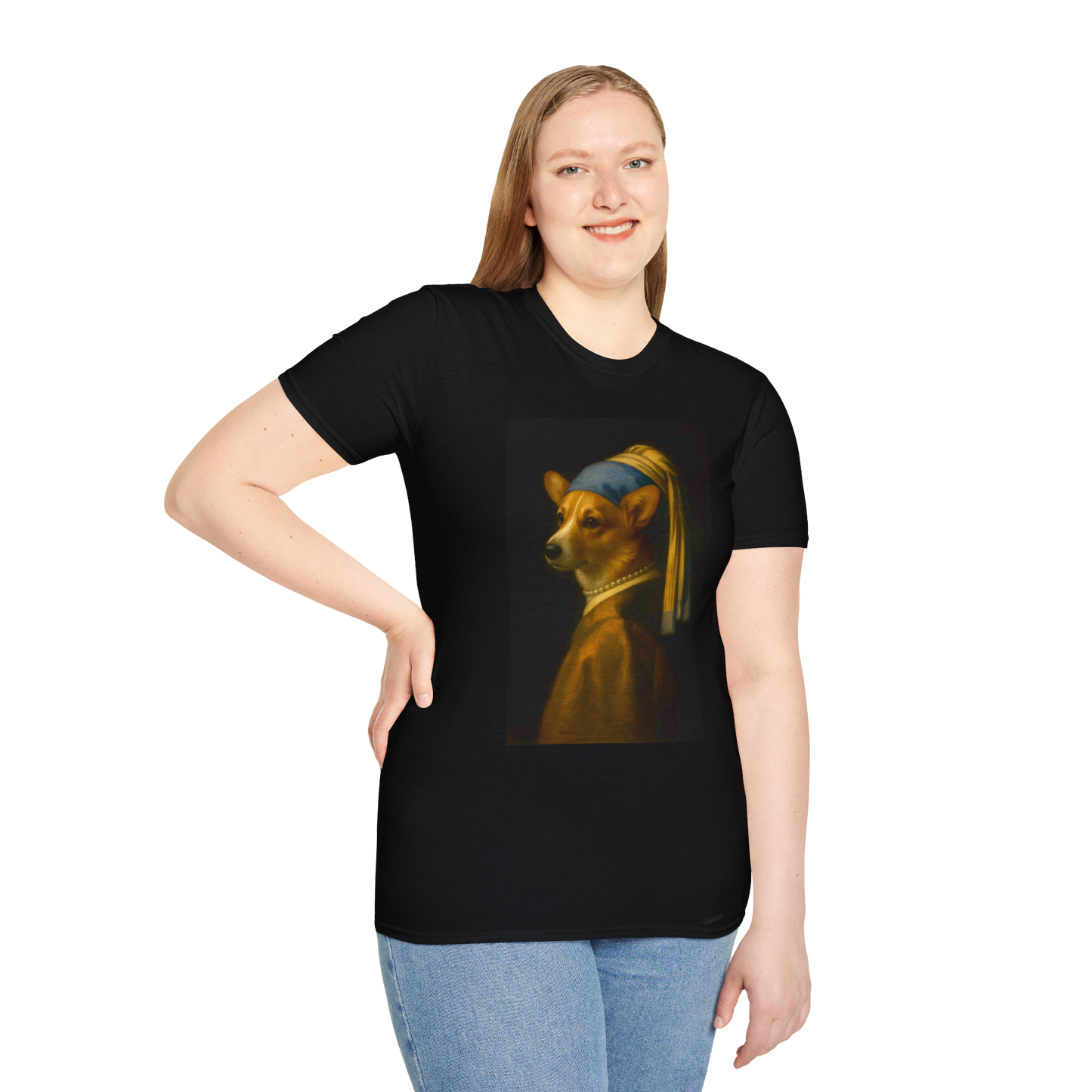Girl with a Pearl Collar T-Shirt — Classical Portrait Corgi Art Tee