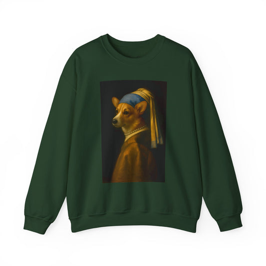 Crewneck Sweatshirt — 'Girl with a Pearl Collar' Corgi Portrait Vintage Art Print