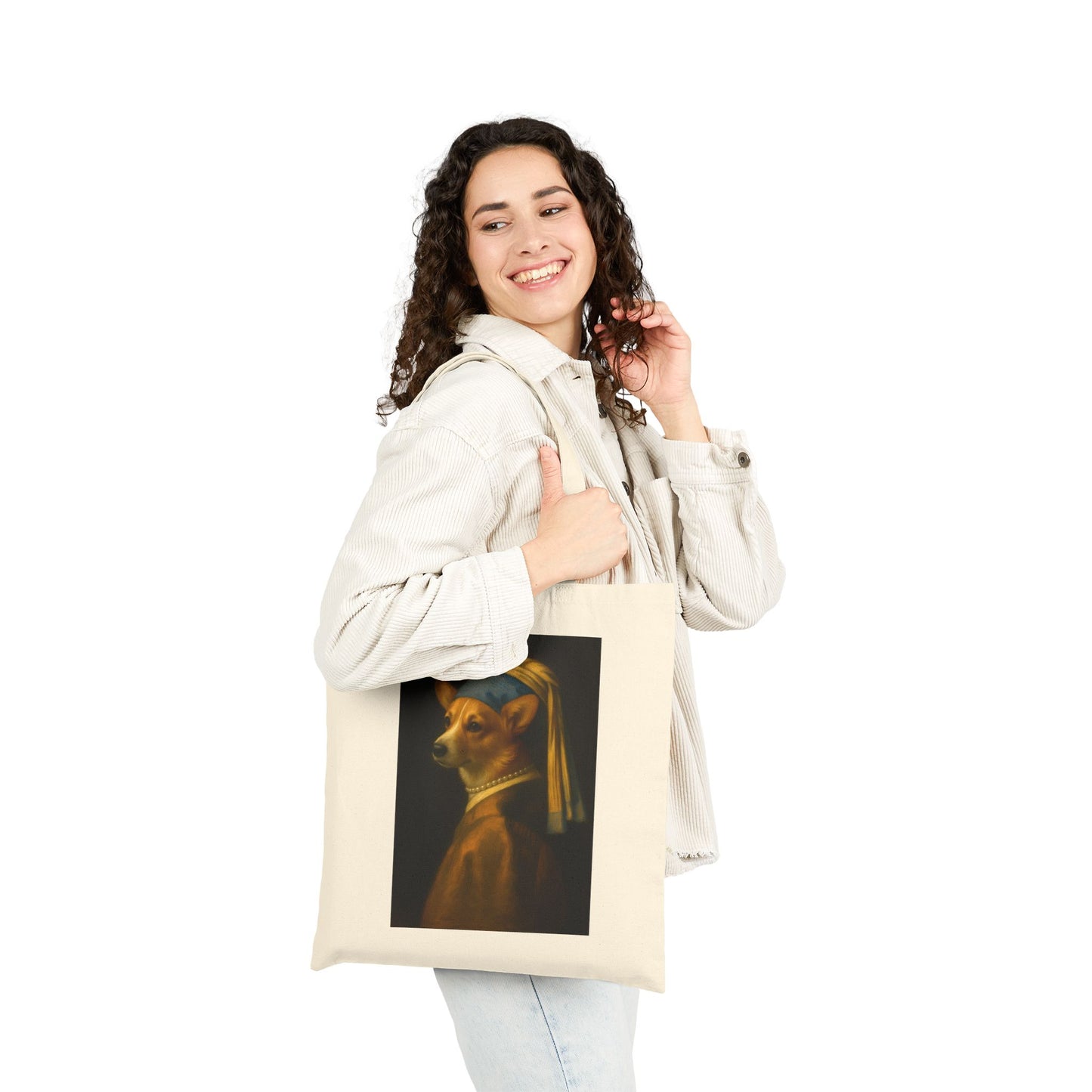 Canvas Tote Bag — 'Girl with a Pearl Collar' Corgi Portrait Tote