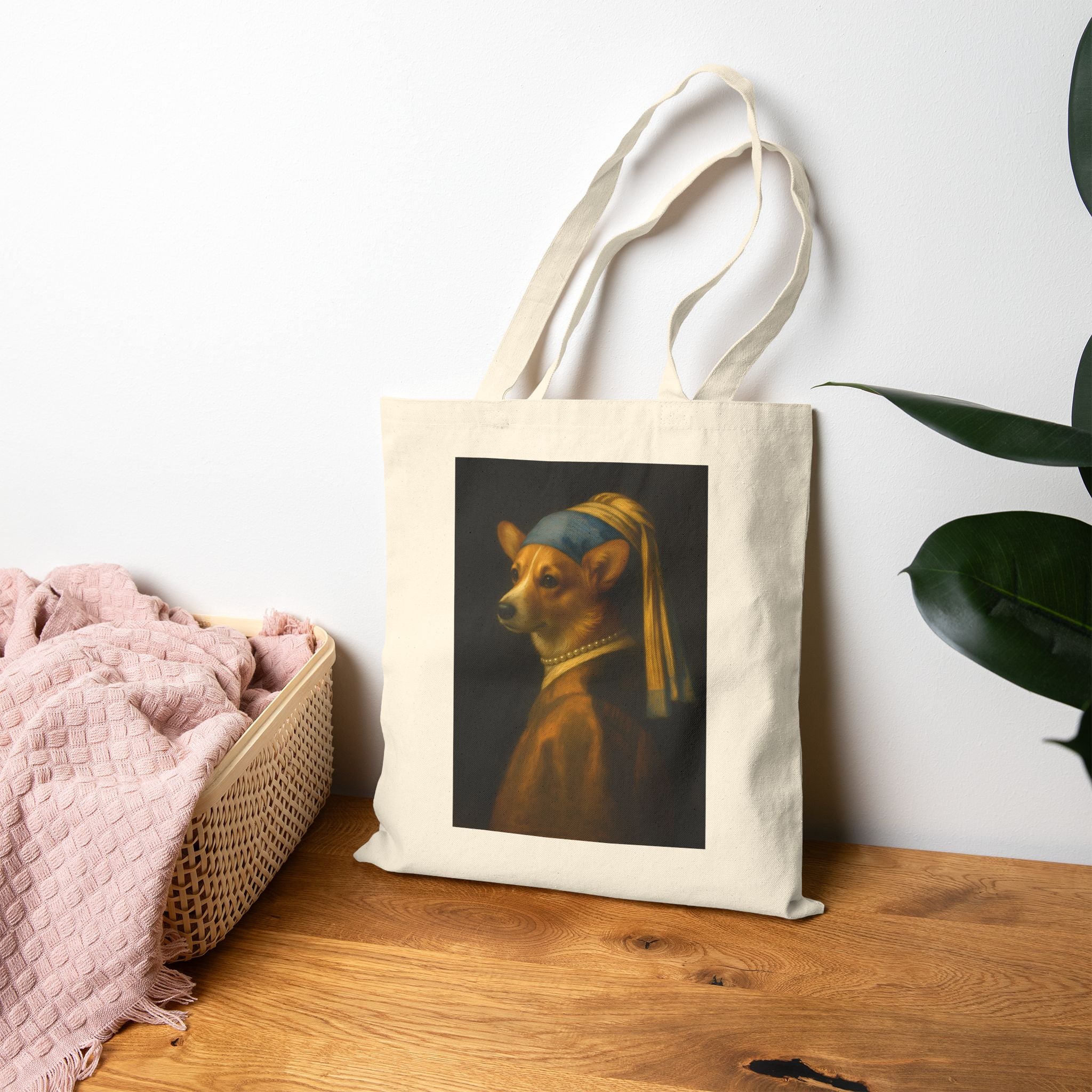 Canvas Tote Bag — 'Girl with a Pearl Collar' Corgi Portrait Tote
