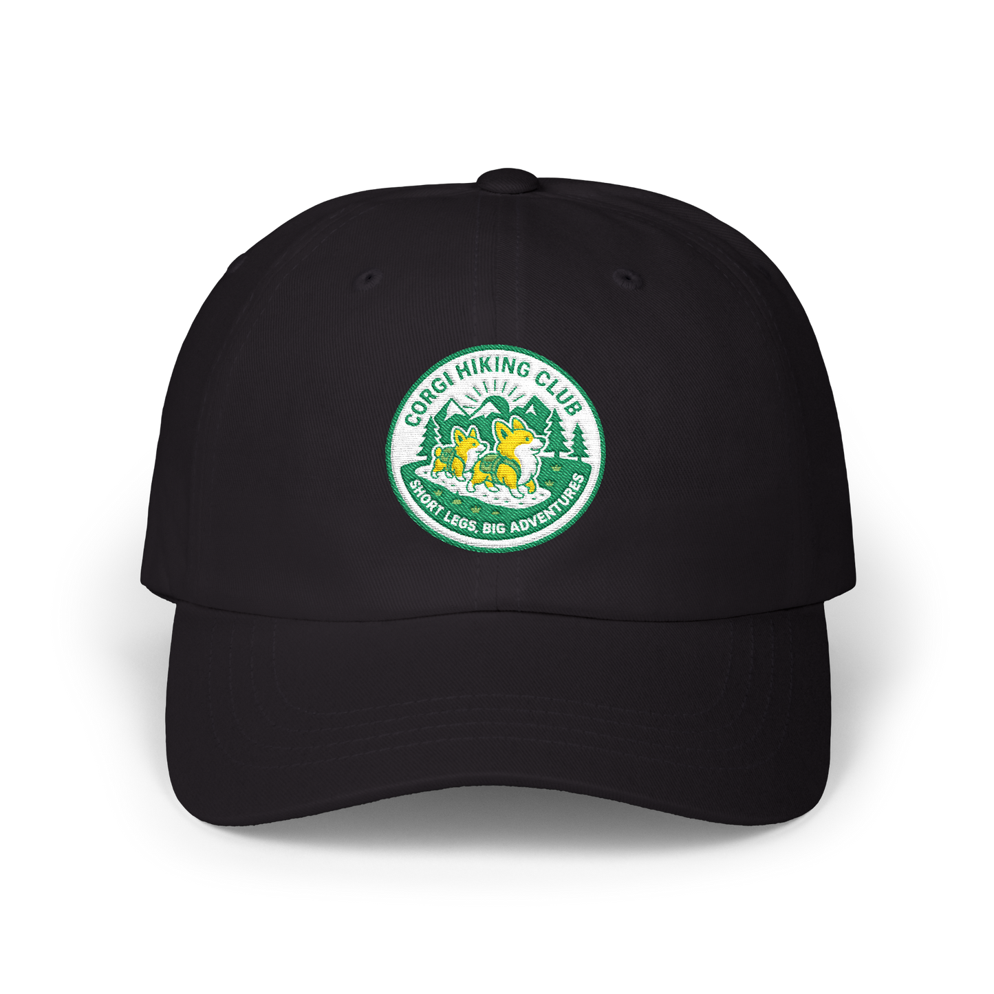 Embroidered Corgi Hiking Club Dad Cap - Retro Nature Patch Baseball Hat