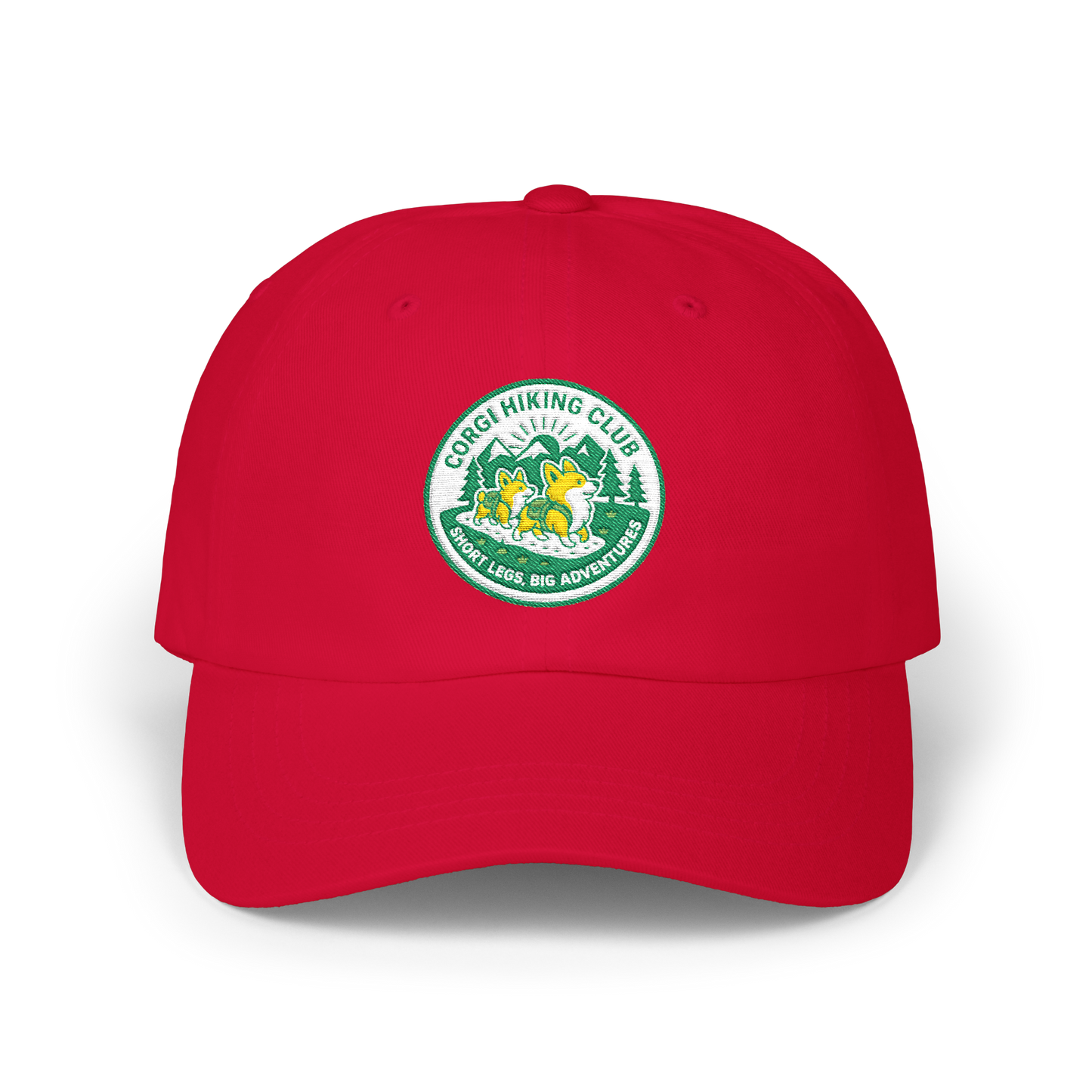 Embroidered Corgi Hiking Club Dad Cap - Retro Nature Patch Baseball Hat