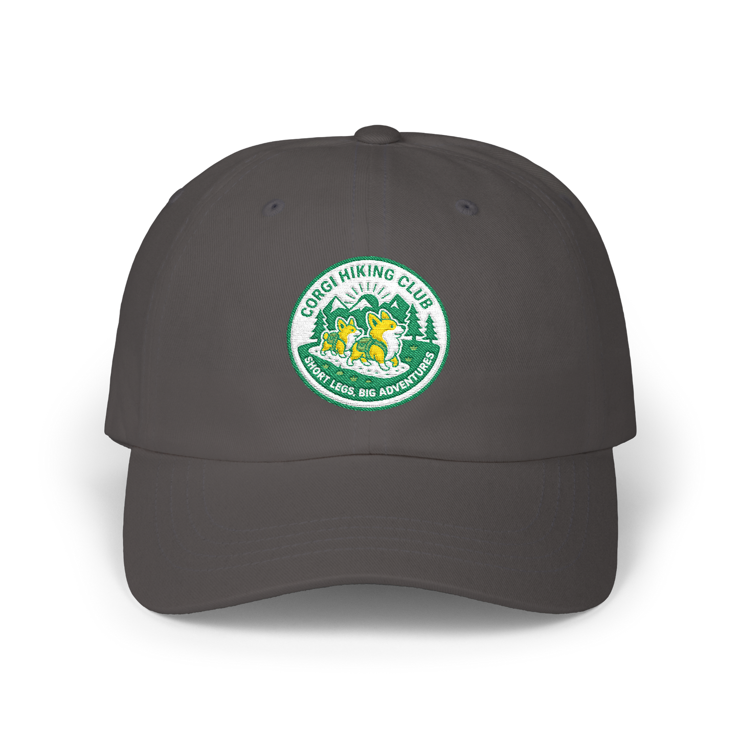 Embroidered Corgi Hiking Club Dad Cap - Retro Nature Patch Baseball Hat