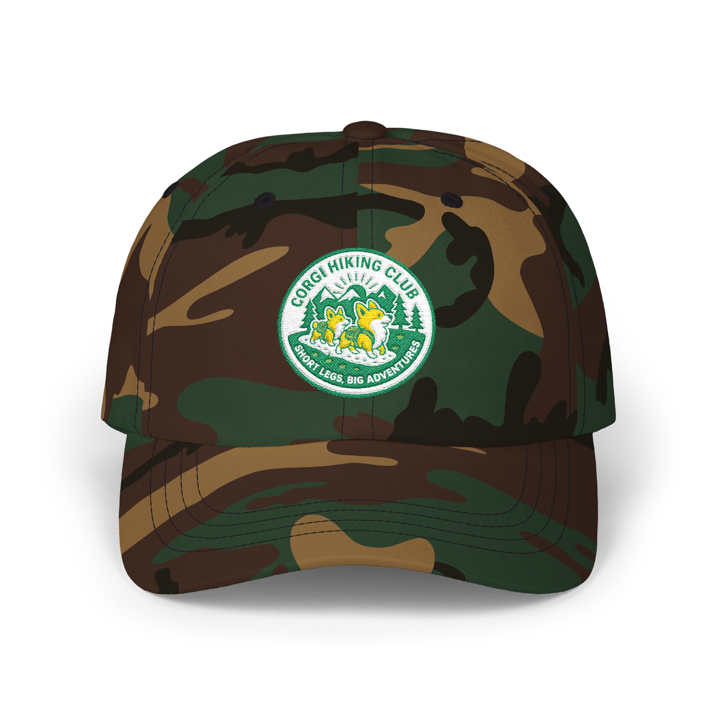 Embroidered Corgi Hiking Club Dad Cap - Retro Nature Patch Baseball Hat