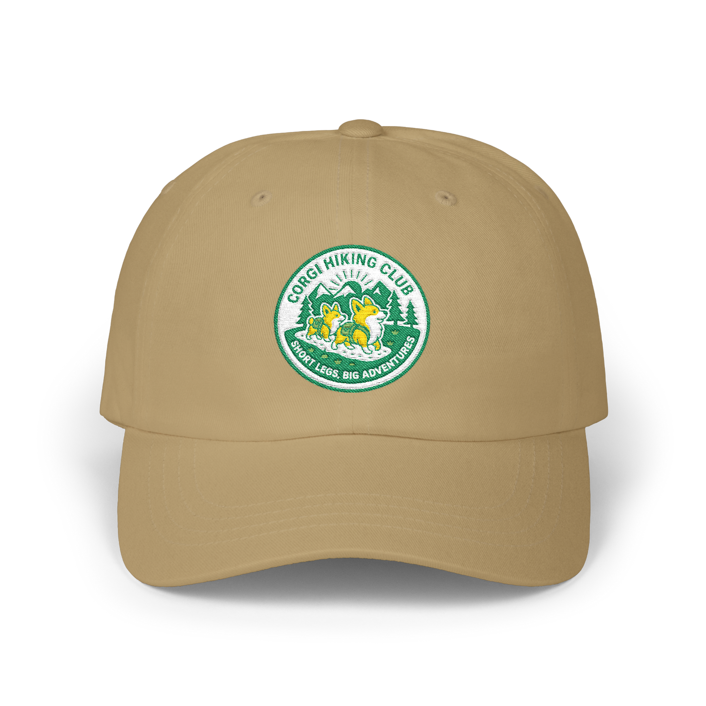 Embroidered Corgi Hiking Club Dad Cap - Retro Nature Patch Baseball Hat