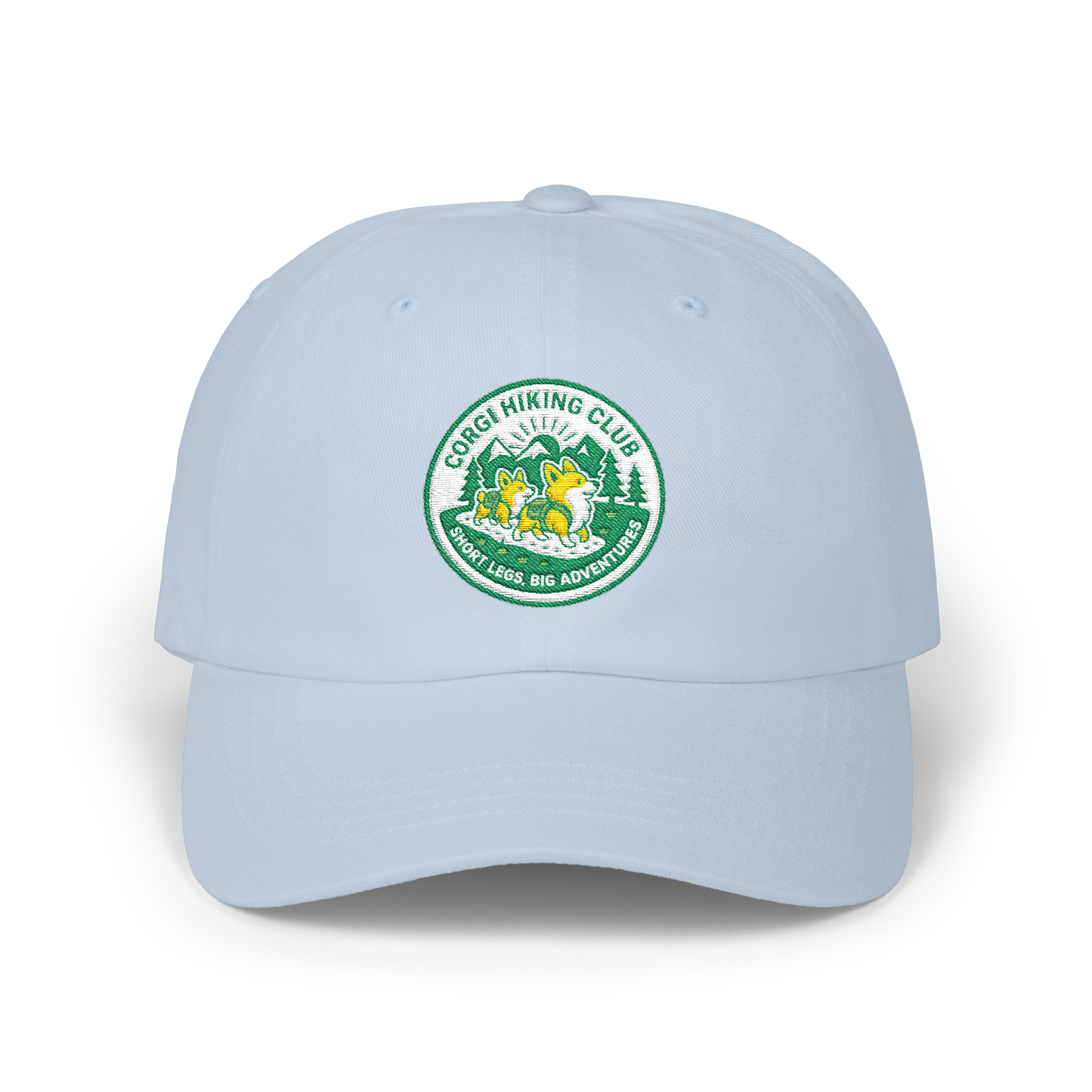 Embroidered Corgi Hiking Club Dad Cap - Retro Nature Patch Baseball Hat
