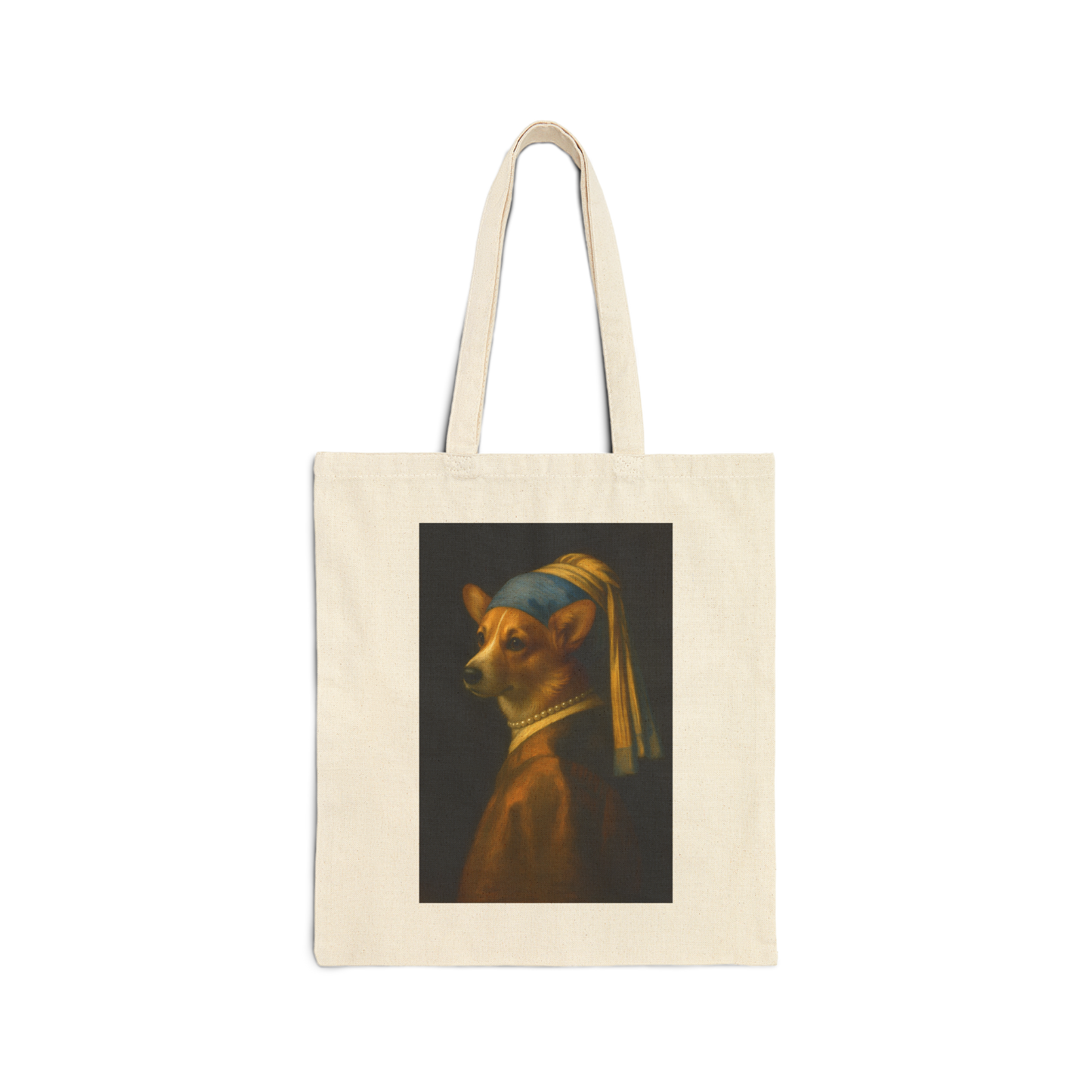 Canvas Tote Bag — 'Girl with a Pearl Collar' Corgi Portrait Tote