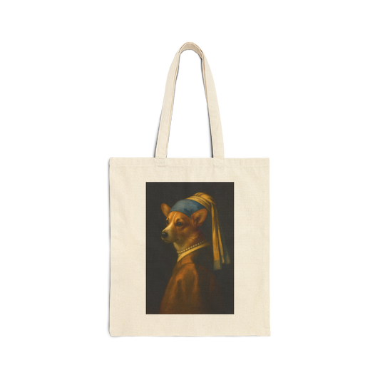 Canvas Tote Bag — 'Girl with a Pearl Collar' Corgi Portrait Tote