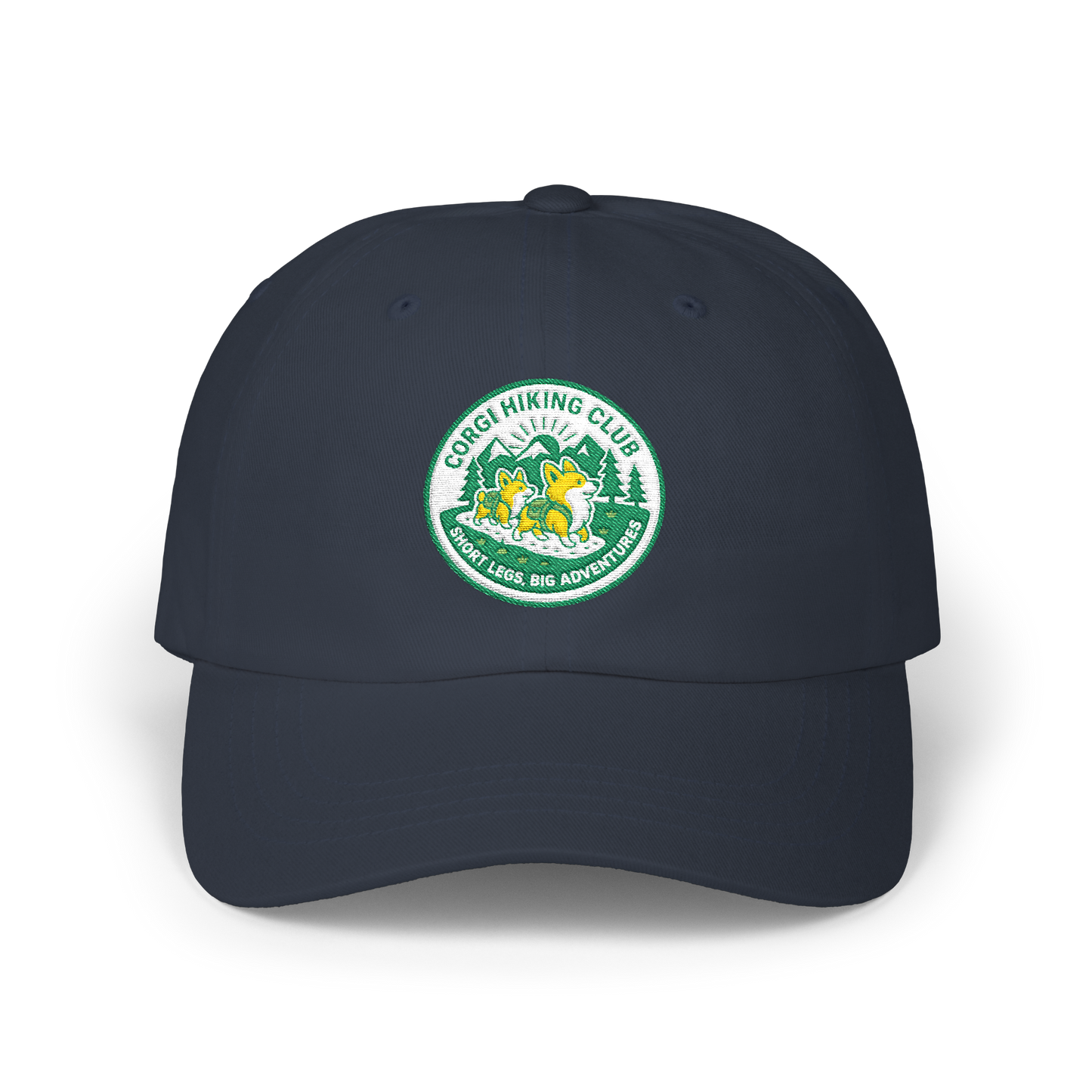 Embroidered Corgi Hiking Club Dad Cap - Retro Nature Patch Baseball Hat