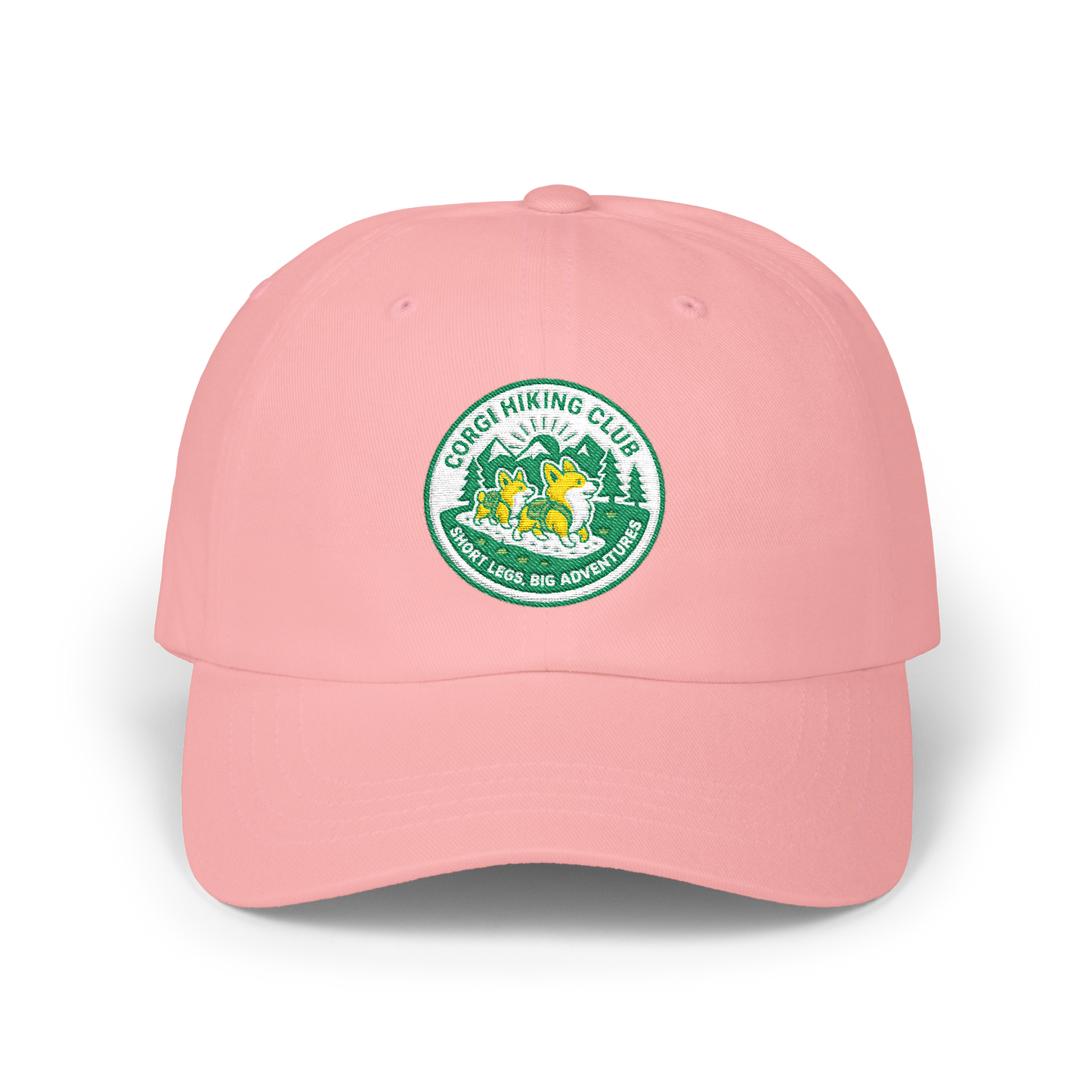 Embroidered Corgi Hiking Club Dad Cap - Retro Nature Patch Baseball Hat