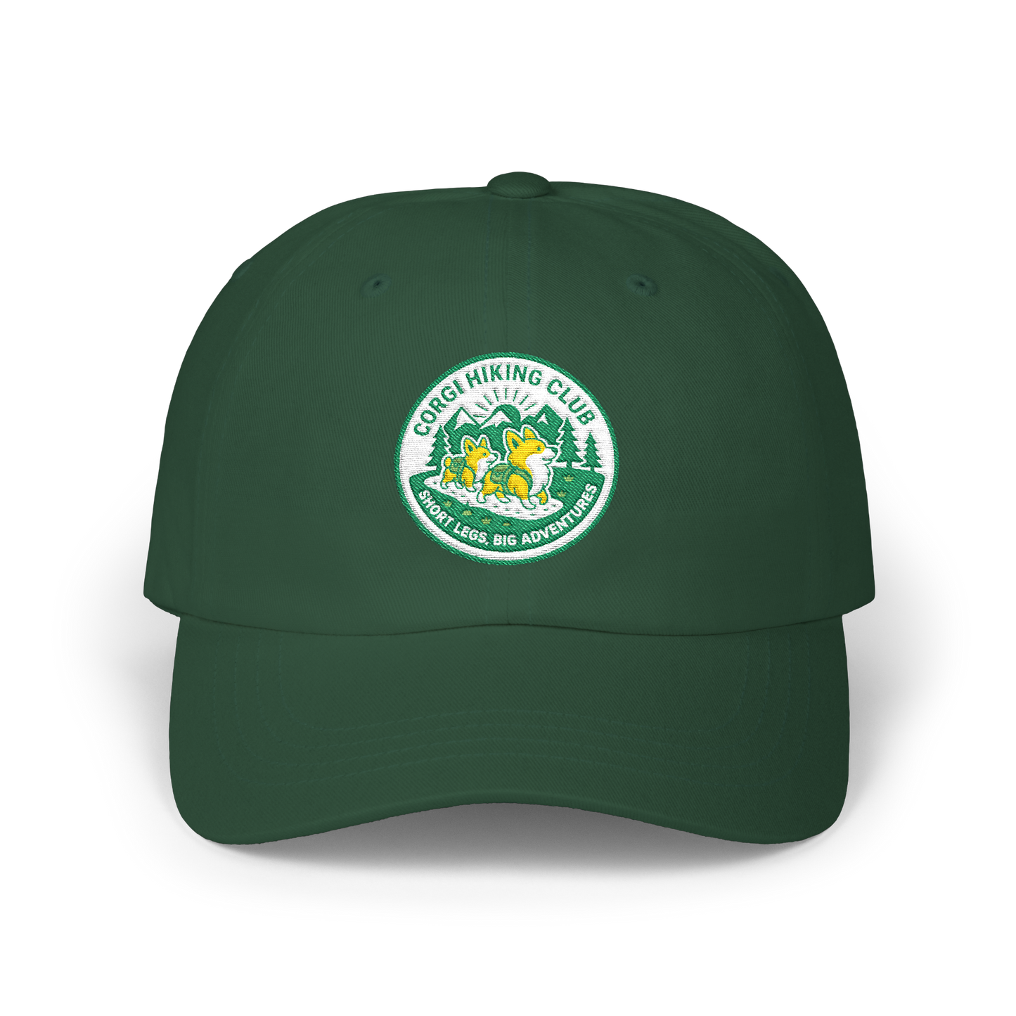 Embroidered Corgi Hiking Club Dad Cap - Retro Nature Patch Baseball Hat