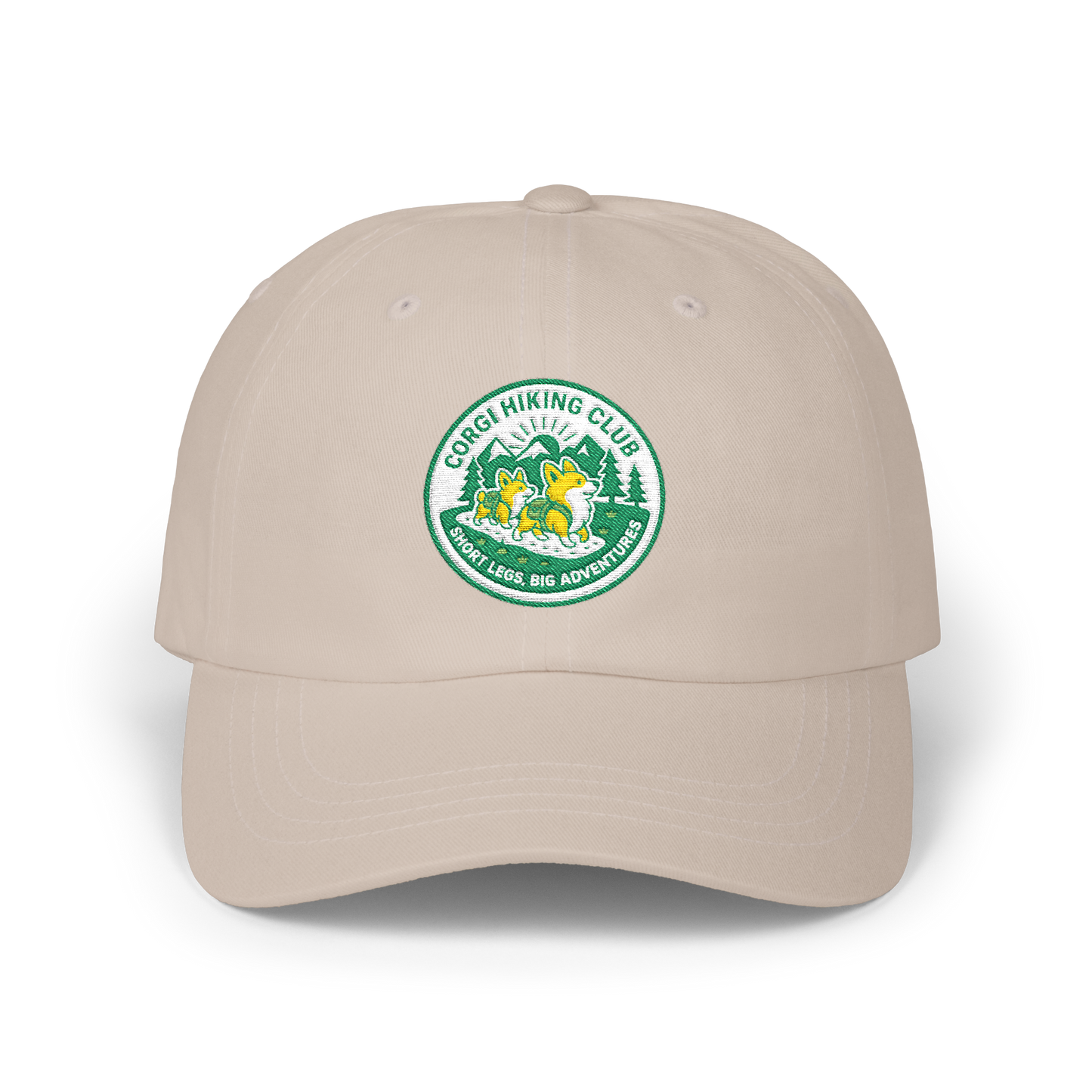 Embroidered Corgi Hiking Club Dad Cap - Retro Nature Patch Baseball Hat