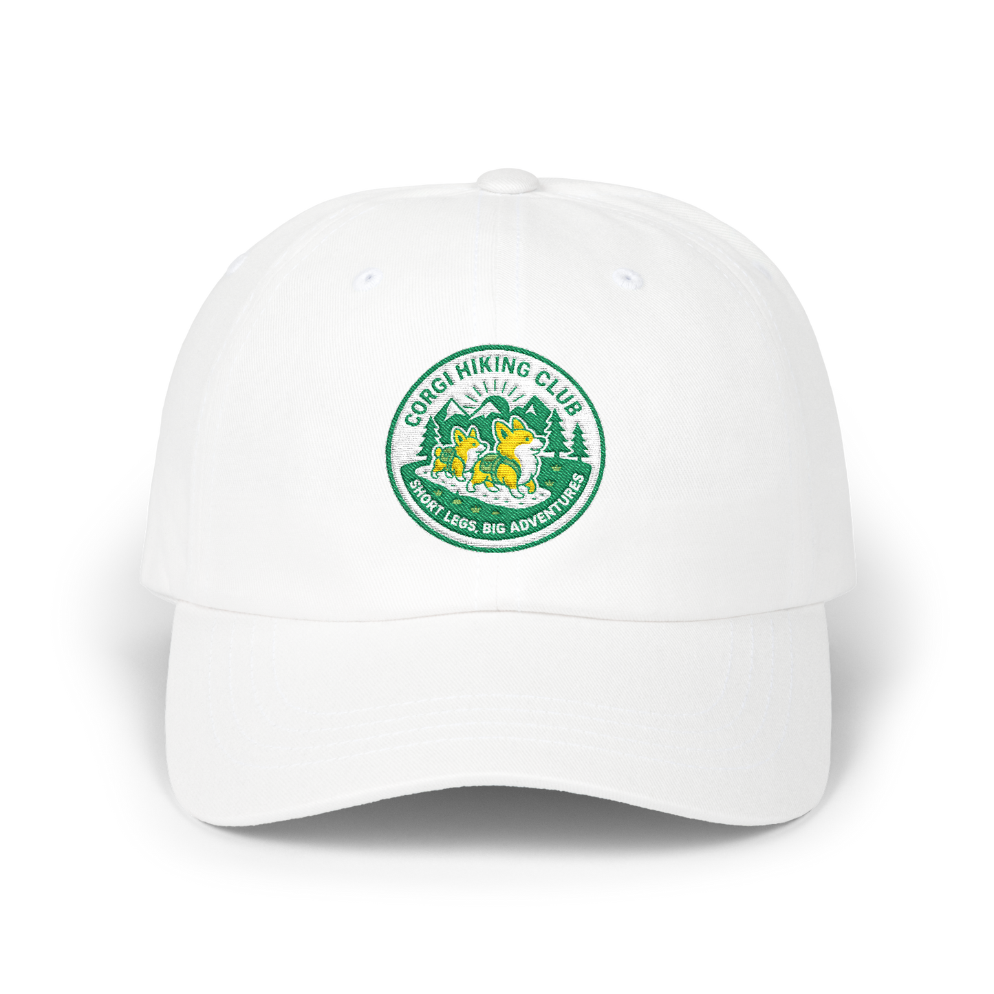 Embroidered Corgi Hiking Club Dad Cap - Retro Nature Patch Baseball Hat