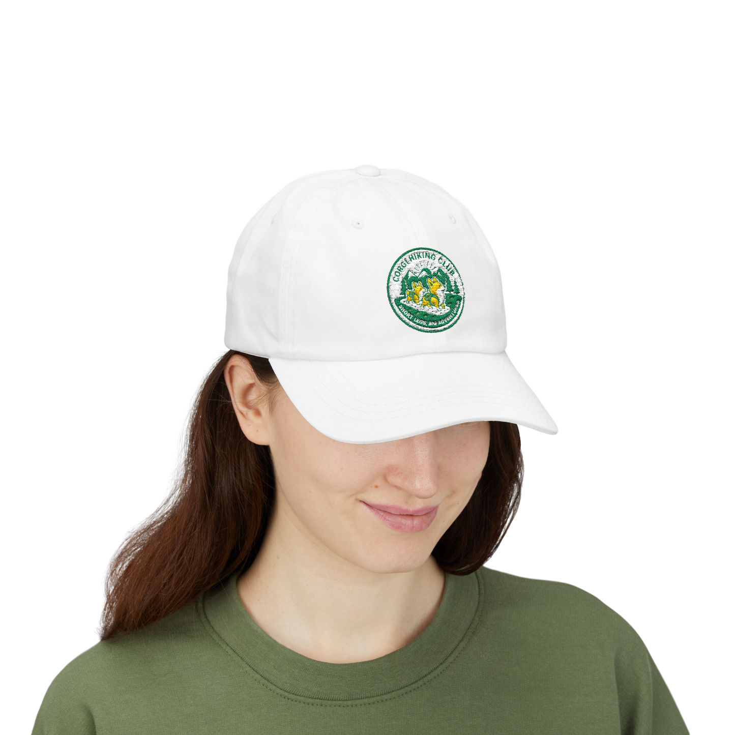 Embroidered Corgi Hiking Club Dad Cap - Retro Nature Patch Baseball Hat