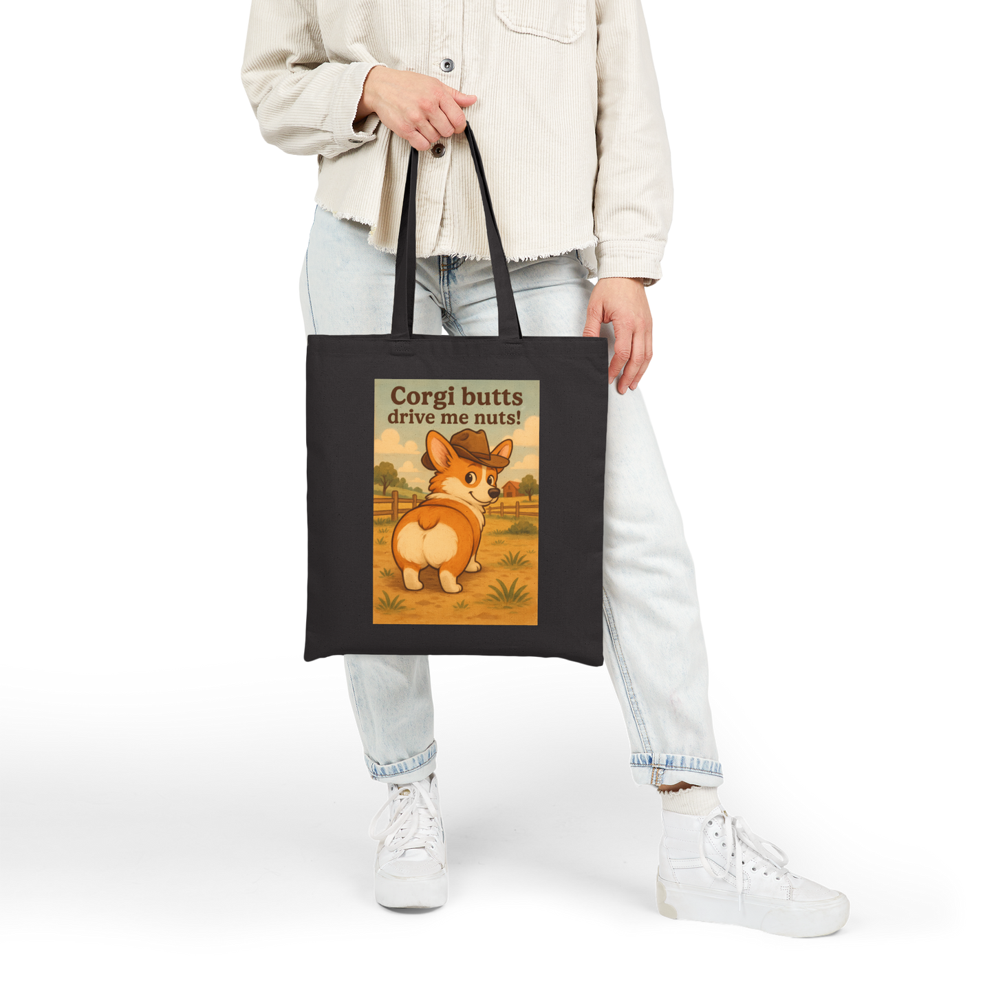 Tote Bag — "Corgi Butts Drive Me Nuts" Cute Retro Corgi Canvas Tote