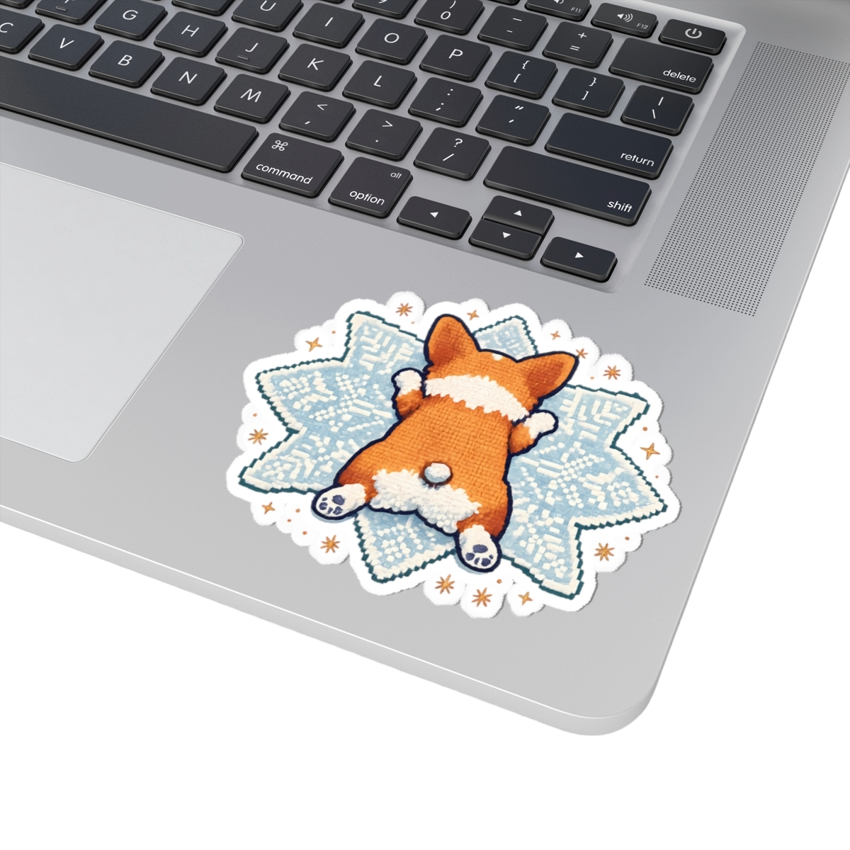 Corgi Sploot on Snowflake Kiss-Cut Sticker — Cute Winter Laptop Decal