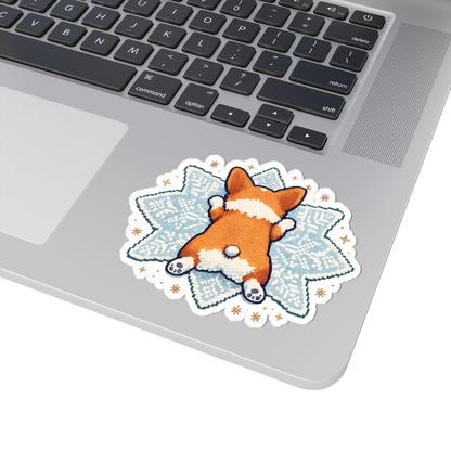 Corgi Sploot on Snowflake Kiss-Cut Sticker — Cute Winter Laptop Decal
