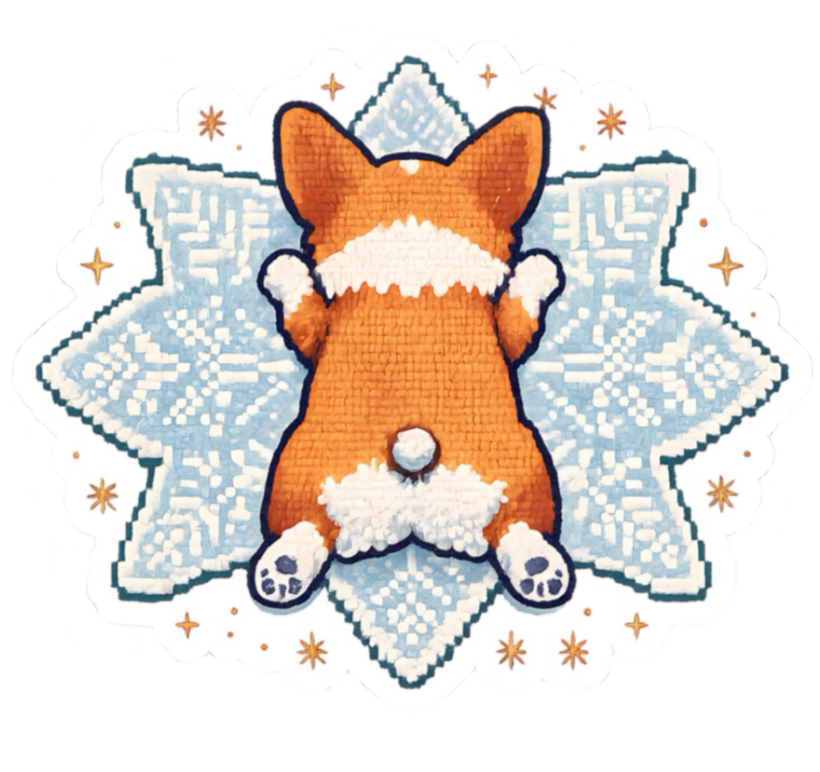 Corgi Sploot on Snowflake Kiss-Cut Sticker — Cute Winter Laptop Decal