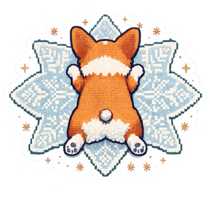 Corgi Sploot on Snowflake Kiss-Cut Sticker — Cute Winter Laptop Decal