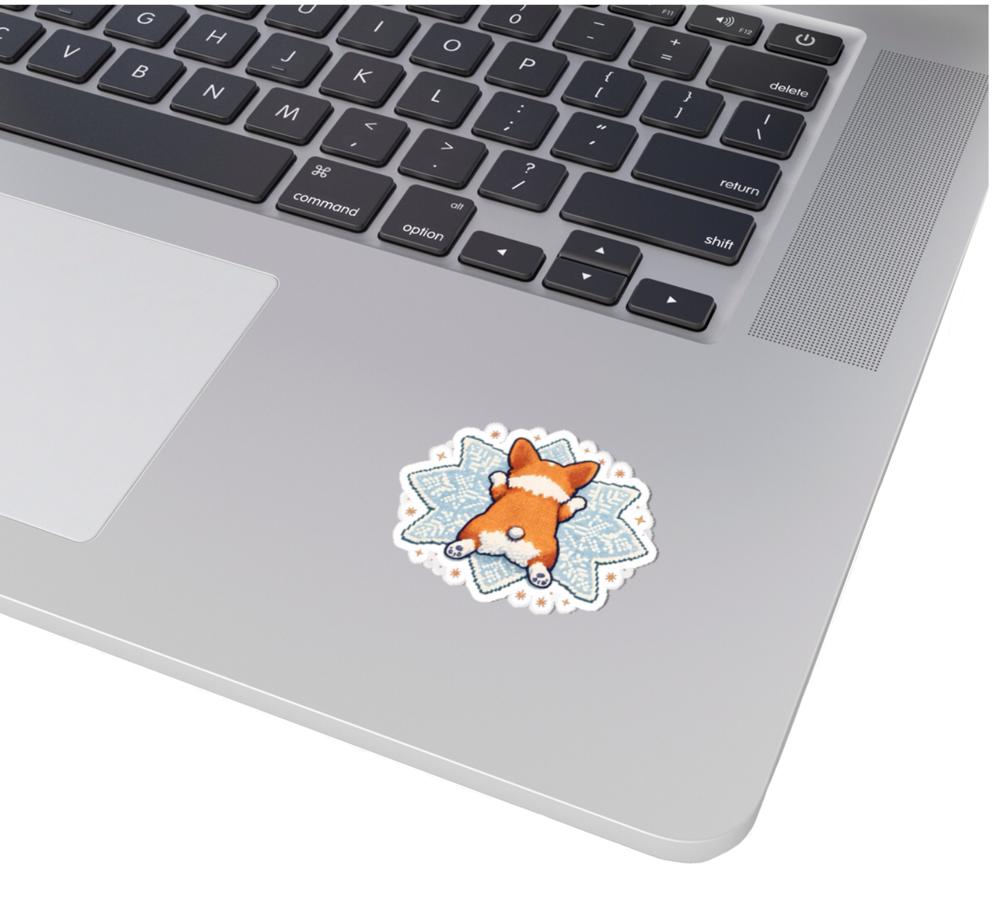 Corgi Sploot on Snowflake Kiss-Cut Sticker — Cute Winter Laptop Decal